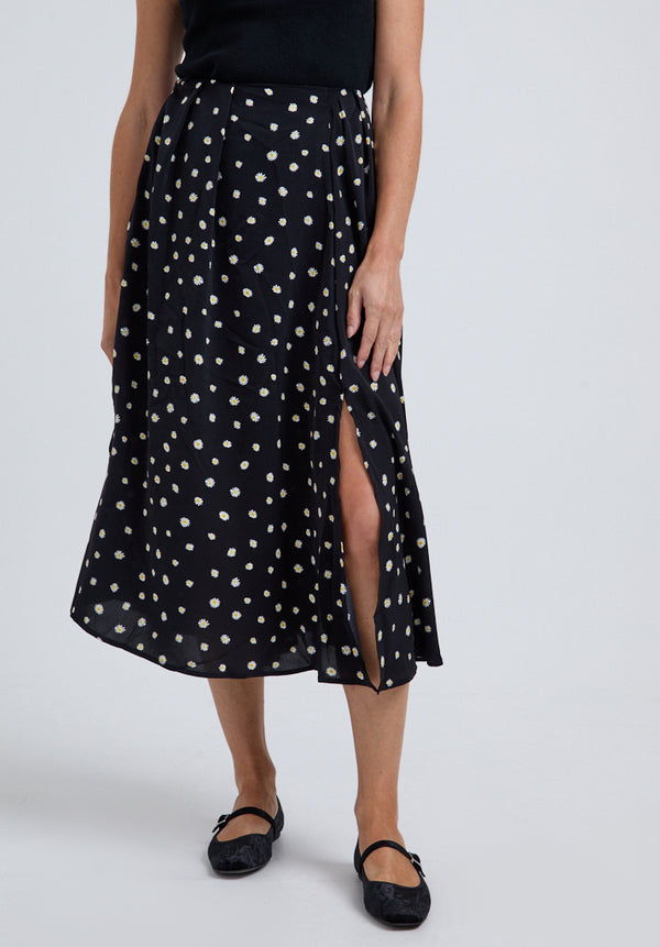 Lily And Lionel Mila Side Slit Daisy Print Midi Skirt In Black