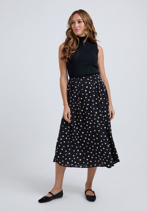 lily and lionel Mila Side Slit Daisy Print Midi Skirt In Black