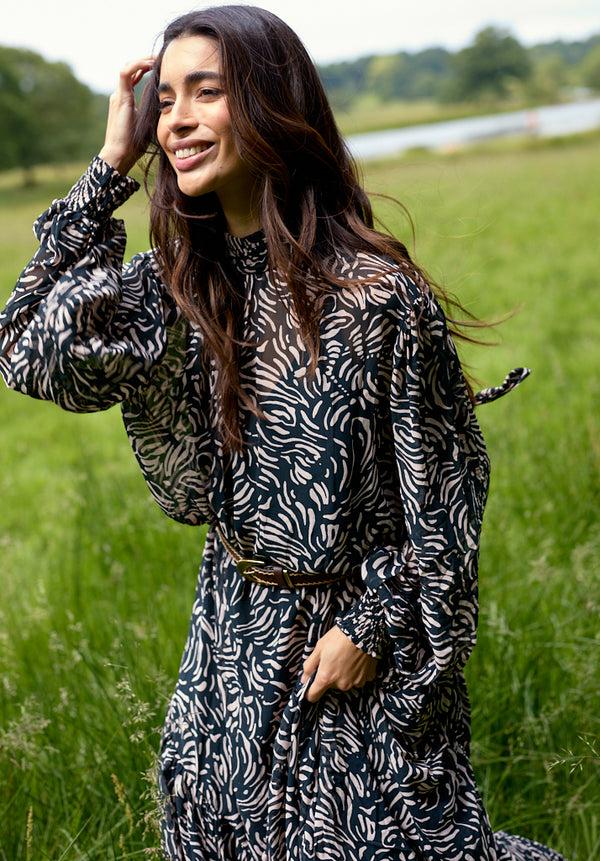 Lily And Lionel Molly High Neck Hidden Zebra Print Maxi Dress In Black