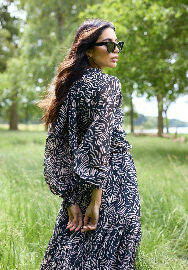 Lily And Lionel Molly High Neck Hidden Zebra Print Maxi Dress In Black