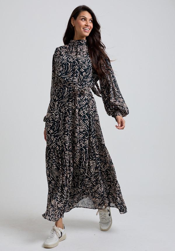 Lily And Lionel Molly High Neck Hidden Zebra Print Maxi Dress In Black