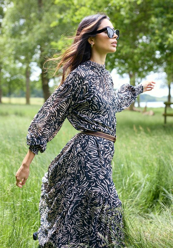 lily and lionel Molly High Neck Hidden Zebra Print Maxi Dress In Black