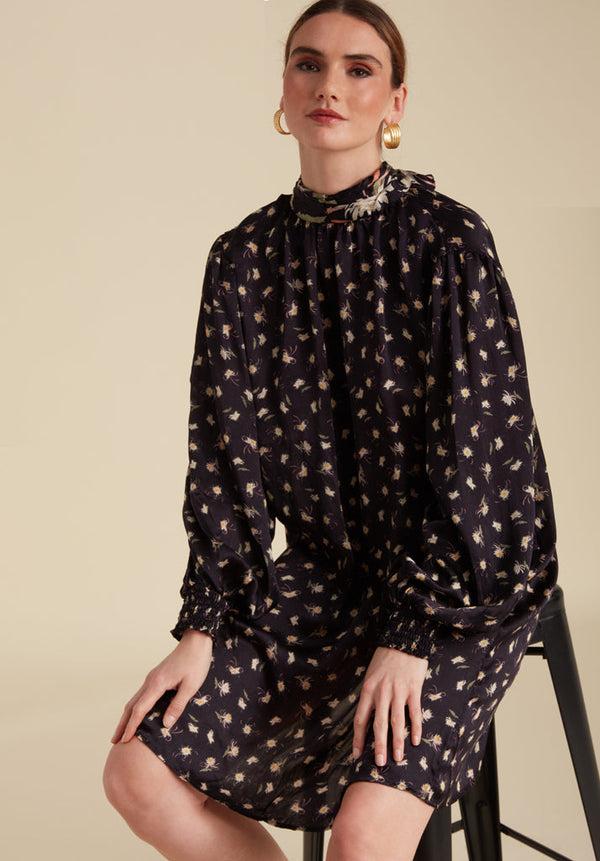 Lily And Lionel Molly High Neck Moonflower Print Mini Dress In Navy