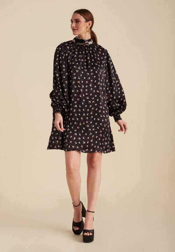 lily and lionel Molly High Neck Moonflower Print Mini Dress In Navy