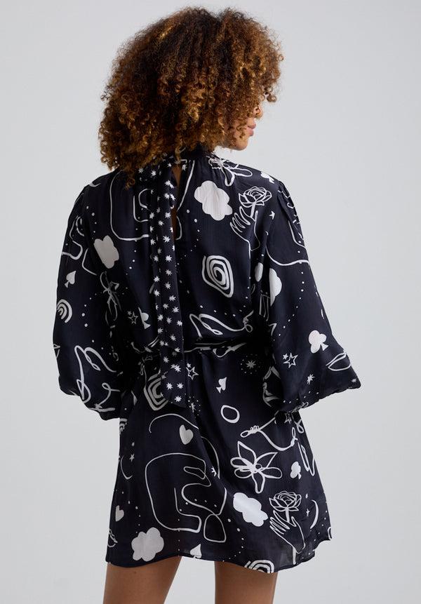 Lily And Lionel Molly High Neck Spellbound Print Mini Dress In Black