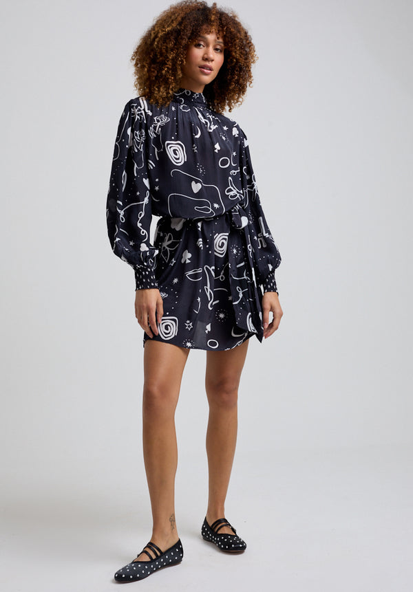 lily and lionel Molly High Neck Spellbound Print Mini Dress In Black