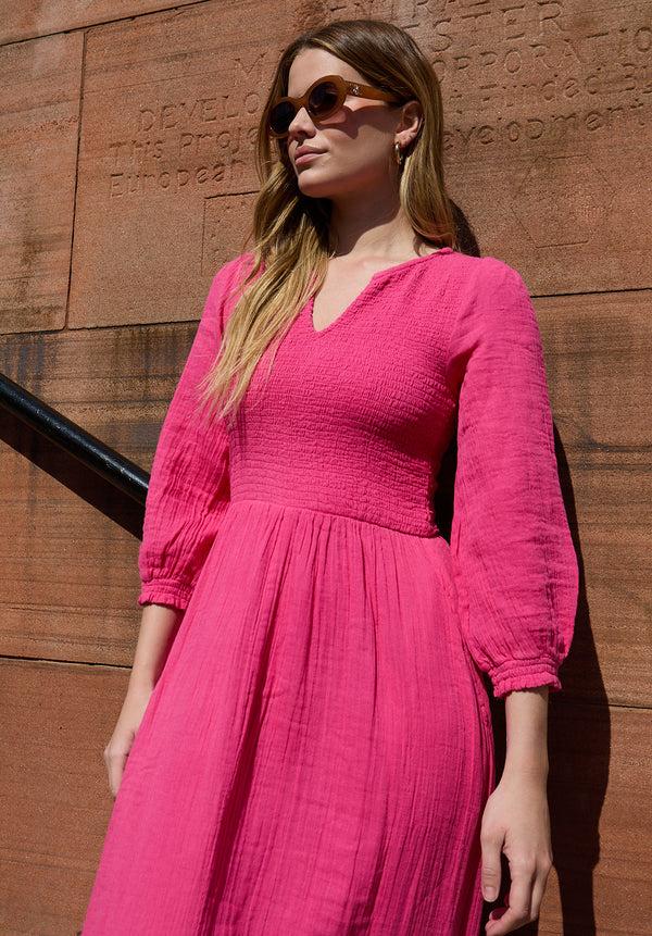 Lily And Lionel Paulina Shirred Bodice Midi Dress In Pink