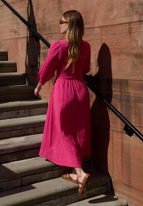 Lily And Lionel Paulina Shirred Bodice Midi Dress In Pink