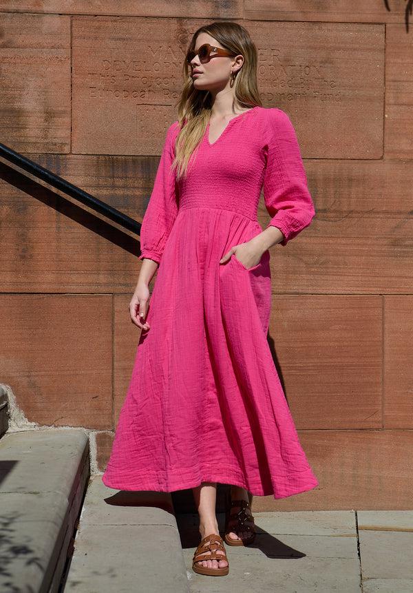 Lily And Lionel Paulina Shirred Bodice Midi Dress In Pink