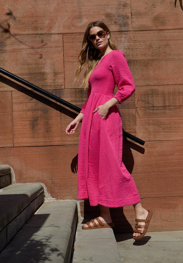 lily and lionel Paulina Shirred Bodice Midi Dress In Pink