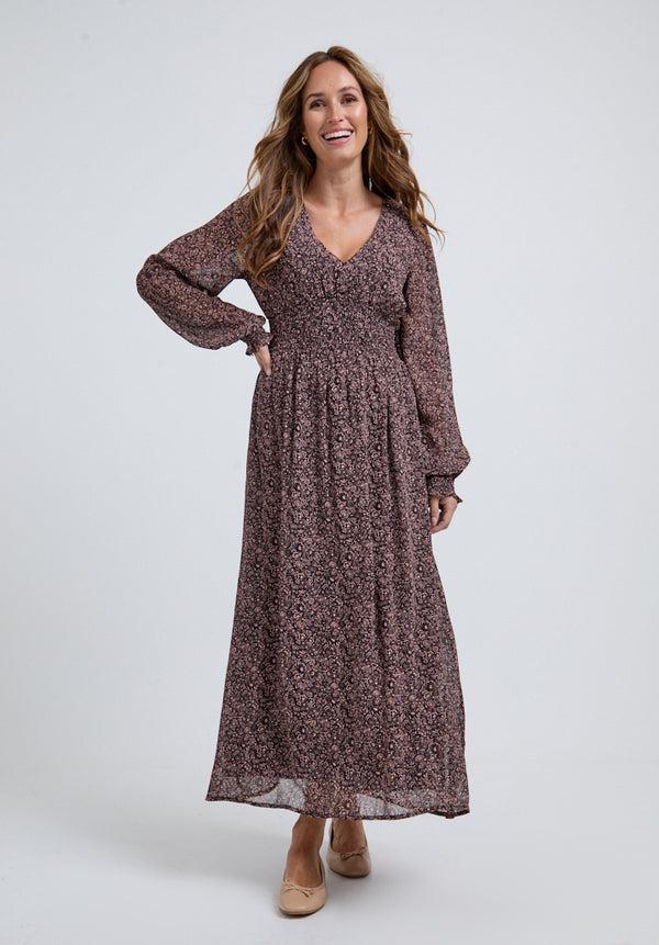 Lily And Lionel Pearl Ruched Waist Harvest Print Midi Dress In Brown