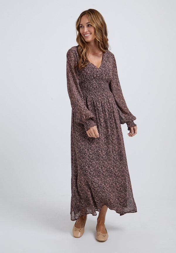 lily and lionel Pearl Ruched Waist Harvest Print Midi Dress In Brown