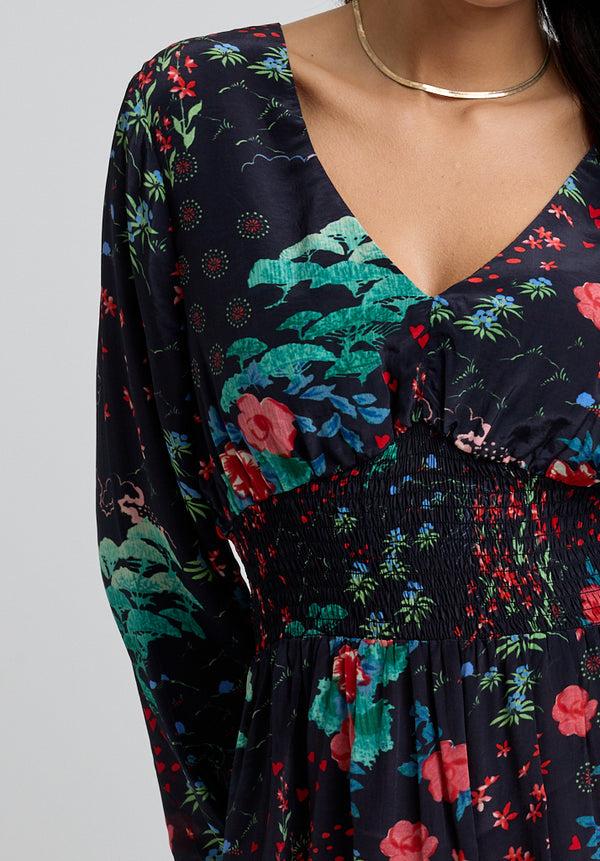 Lily And Lionel Pearl Ruched Waist Wonderland Print Midi Dress In Black