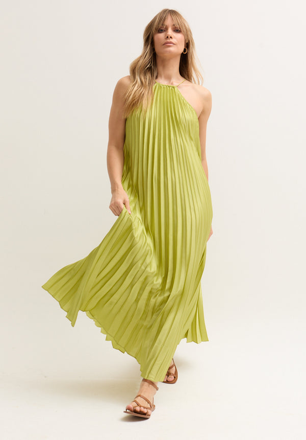 Lily And Lionel Philomena Halter Neck Pleated Maxi Dress In Green