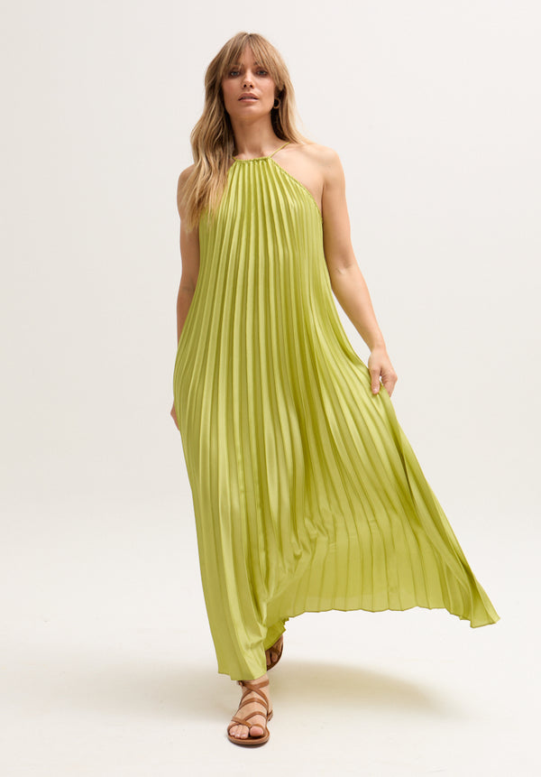 lily and lionel Philomena Halter Neck Pleated Maxi Dress In Green