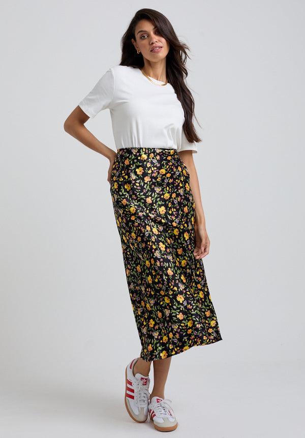 Lily And Lionel Poppy Bias Cut Floral Print Midi Skirt In Multi
