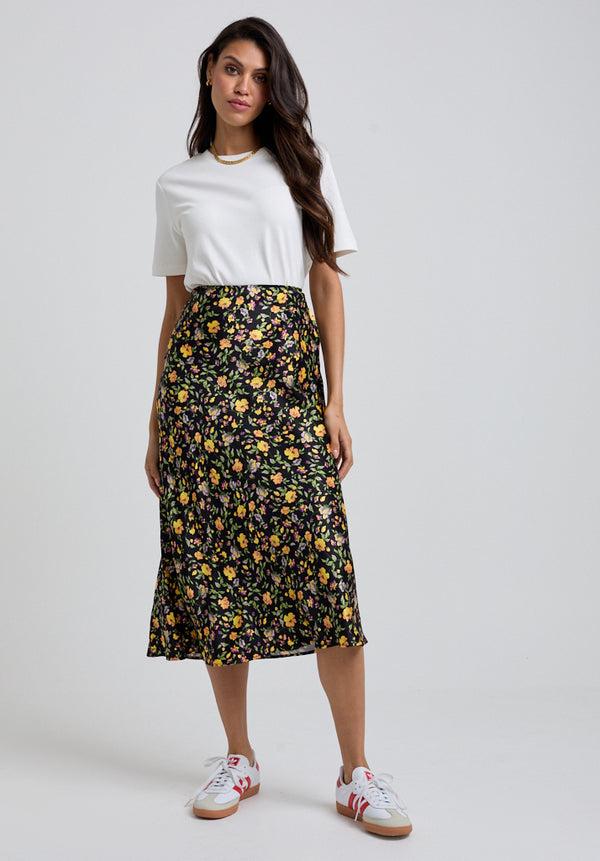 lily and lionel Poppy Bias Cut Floral Print Midi Skirt In Multi