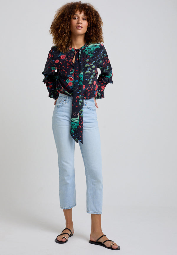 Lily And Lionel Rina Ruffle Sleeve Wonderland Print Blouse In Black