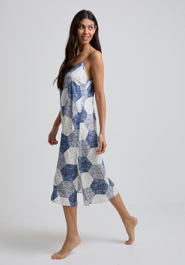 Lily And Lionel Rosie V-Neck Aster Patchwork Print Nightie In Blue