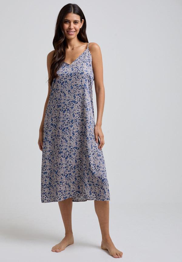 Lily And Lionel Rosie V-Neck Aster Print Nightie In Blue