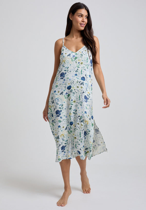 Lily And Lionel Rosie V-Neck Pressed Floral Print Nightie In Blue