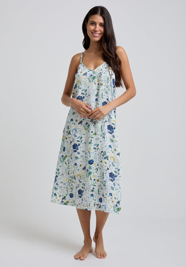 Lily And Lionel Rosie V-Neck Pressed Floral Print Nightie In Blue