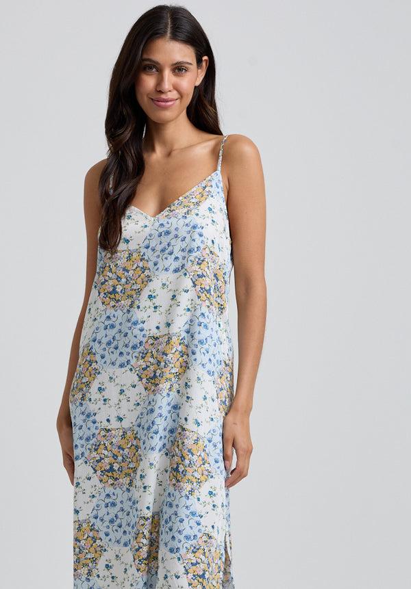 Lily And Lionel Rosie V-Neck Summer Patchwork Print Nightie In Blue