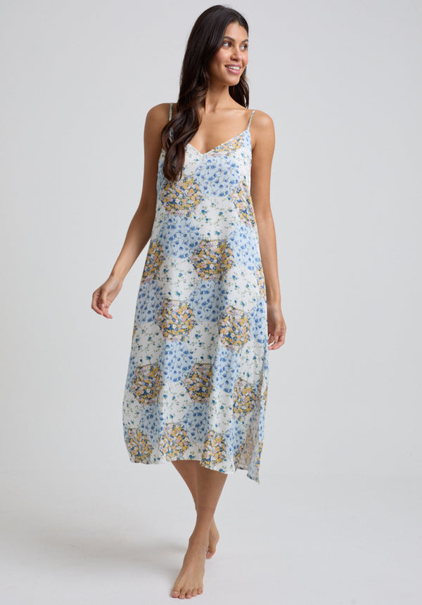 Lily And Lionel Rosie V-Neck Summer Patchwork Print Nightie In Blue