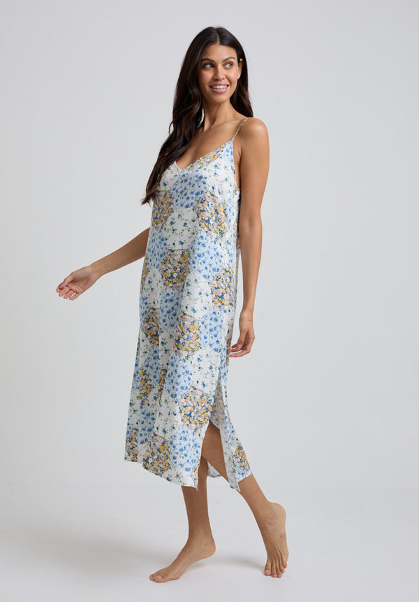 lily and lionel Rosie V-Neck Summer Patchwork Print Nightie In Blue