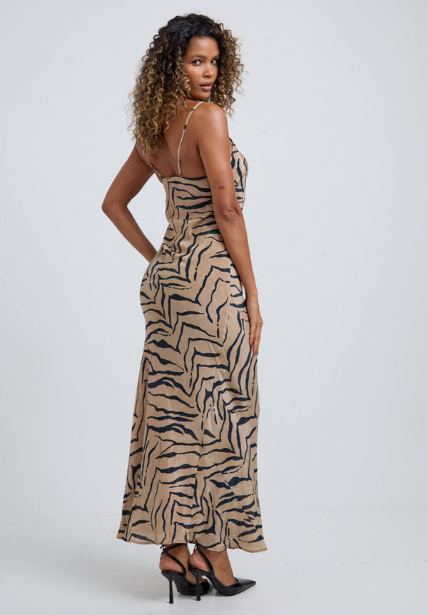 Lily And Lionel Roxy Spaghetti Strap Tiger Maxi Dress In Brown