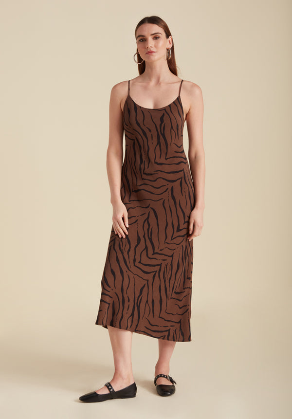 Lily And Lionel Roxy Sphagetti Strap Tiger Midi Dress In Brown