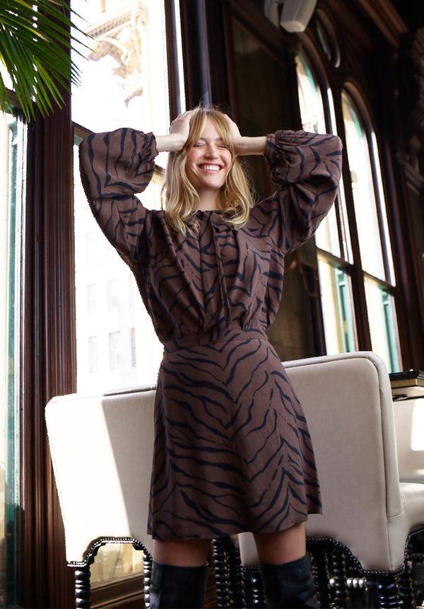 lily and lionel Sadie Flare Tiger Print Mini Skirt In Brown