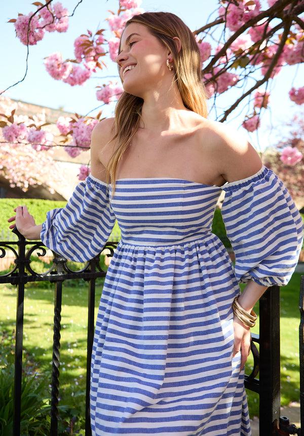 Lily And Lionel Sara Stripe Bardot Midi Dress In Blue