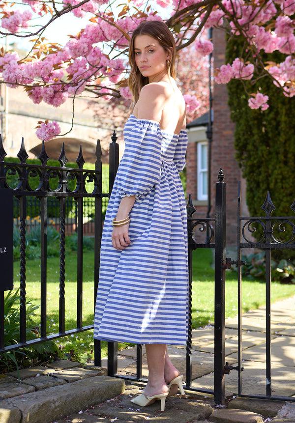 Lily And Lionel Sara Stripe Bardot Midi Dress In Blue