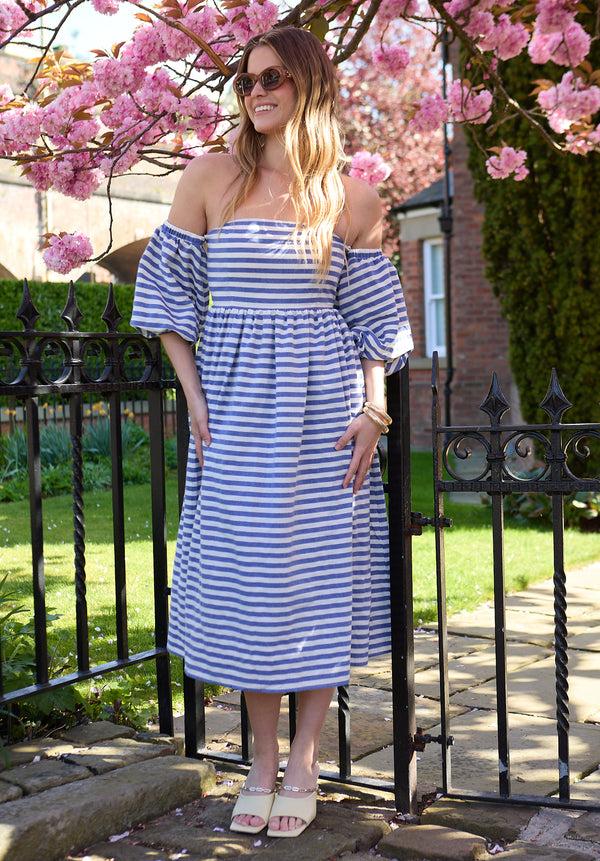 lily and lionel Sara Stripe Bardot Midi Dress In Blue