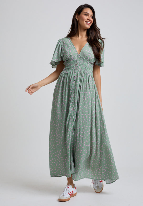 Lily And Lionel Savannah Flutter Sleeve Dove Print Maxi Dress In Green