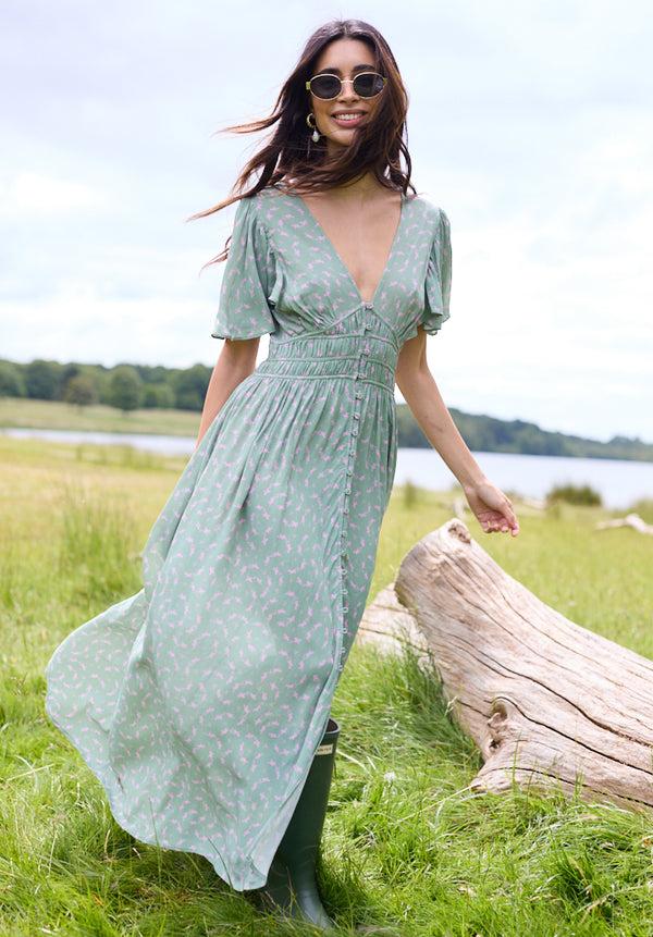 lily and lionel Savannah Flutter Sleeve Dove Print Maxi Dress In Green