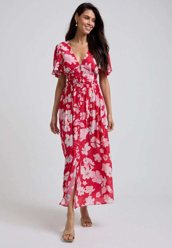 Lily And Lionel Savannah Flutter Sleeve Secret Garden Print Maxi Dress In Red