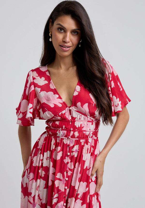 Lily And Lionel Savannah Flutter Sleeve Secret Garden Print Maxi Dress In Red