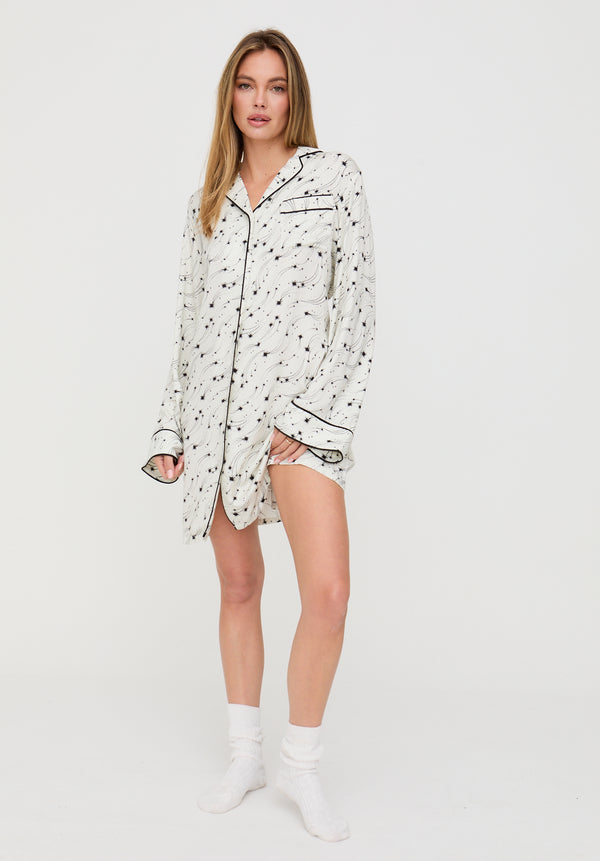Lily And Lionel Simone Long Sleeve Shooting Star Print Nightshirt In Cream