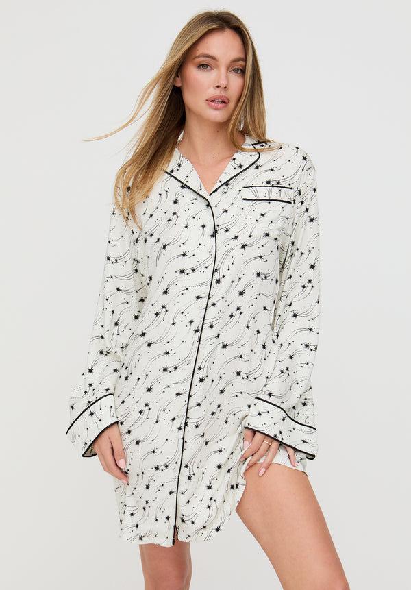 lily and lionel Simone Long Sleeve Shooting Star Print Nightshirt In Cream