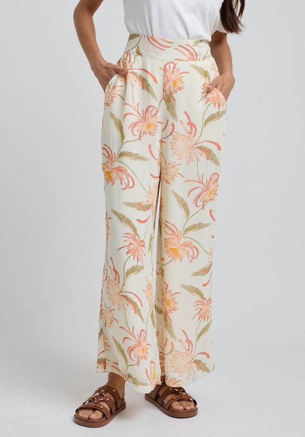 Lily And Lionel Sophia Wide Leg Moonflower Print Trouser In Cream