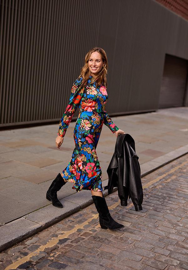Lily And Lionel Sophie Tiered Hem Floral Print Midi Dress In Multi