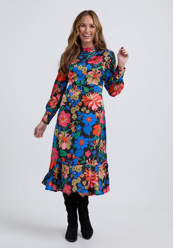 lily and lionel Sophie Tiered Hem Floral Print Midi Dress In Multi