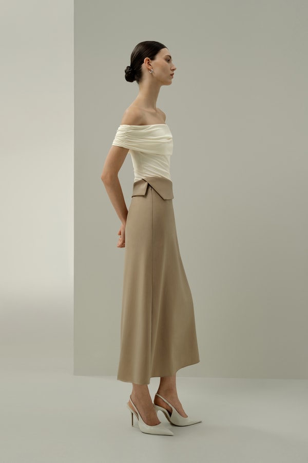 Lilysilk Asymmetrical Waist Silk-Wool Midi Skirt