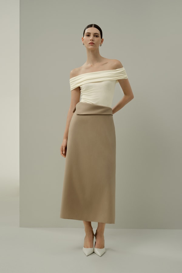 lilysilk Asymmetrical Waist Silk-Wool Midi Skirt