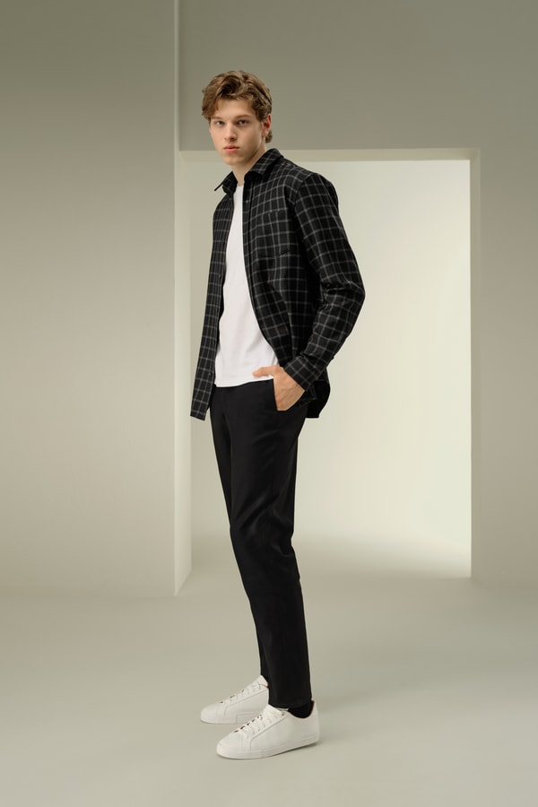 Lilysilk Men's Silk-Wool Windowpane Pattern Shirt