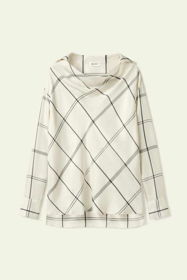 Lilysilk Silk Twill Cowl Neck Top In Check