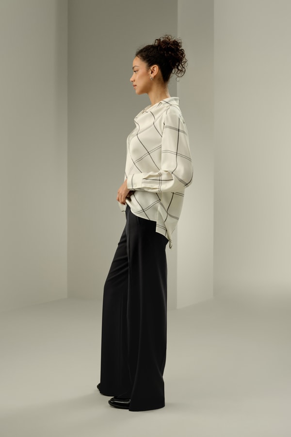 Lilysilk Silk Twill Cowl Neck Top In Check