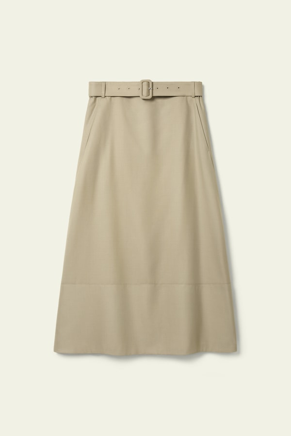 Lilysilk Silk-Wool Blend Belted Midi Skirt